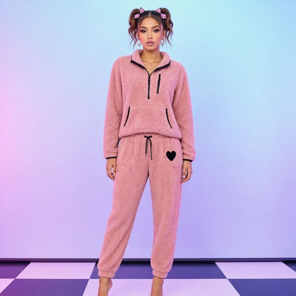 Y2K Fairy Grunge No Boundaries Pink Cozy Sherpa Fleece Heart Lounge Set M/S